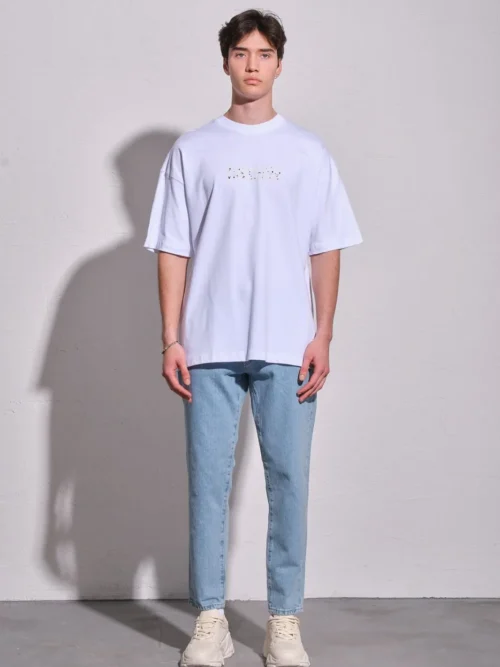 erkek kısa kol baskılı oversize t-shirt basic beyaz