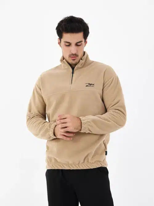 erkek yarım fermuarlı polar sweatshirt basic bej