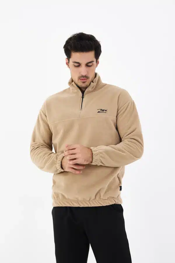 erkek yarım fermuarlı polar sweatshirt basic bej