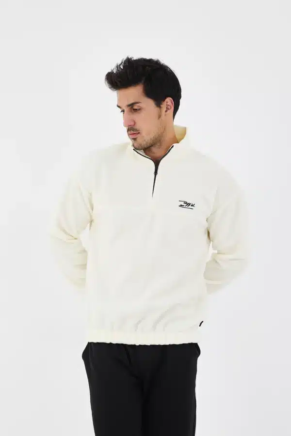 erkek yarım fermuarlı polar sweatshirt basic ekru