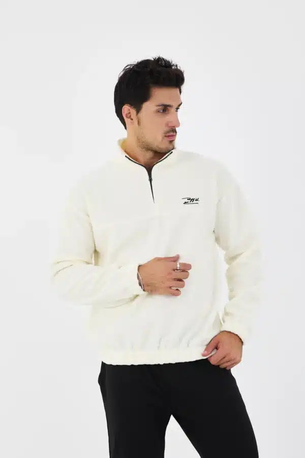 erkek yarım fermuarlı polar sweatshirt basic ekru