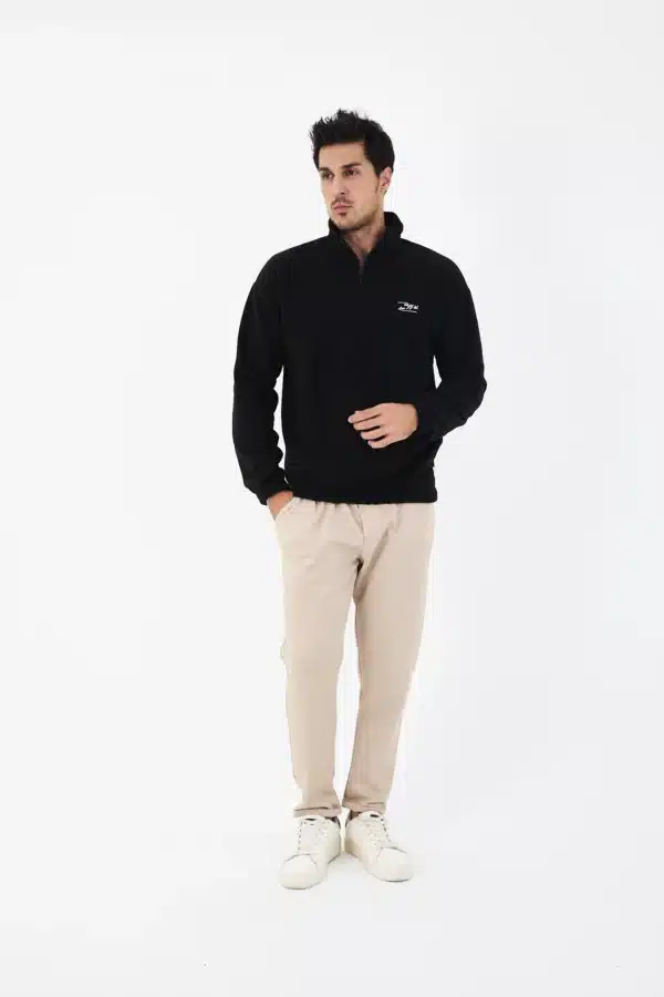 erkek yarım fermuarlı polar sweatshirt basic siyah