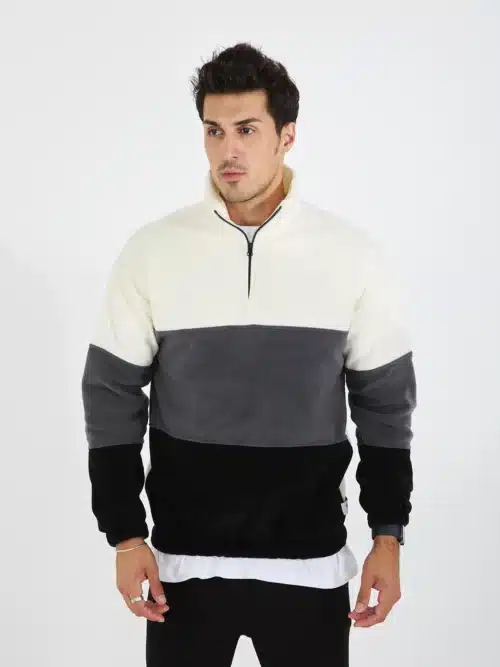 yarım fermuarlı 3 renkli polar sweatshirt ekru/füme/siyah