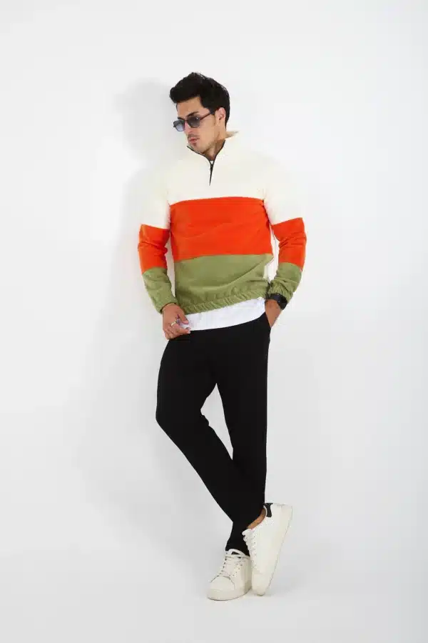 yarım fermuarlı 3 renkli polar sweatshirt ekru/turuncu/haki