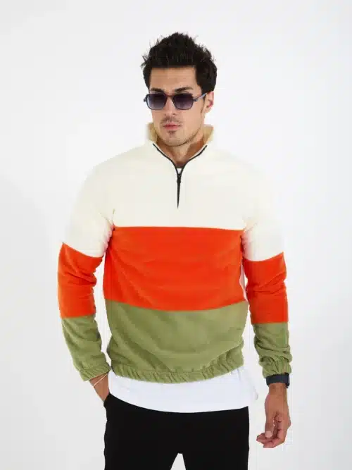 yarım fermuarlı 3 renkli polar sweatshirt ekru/turuncu/haki