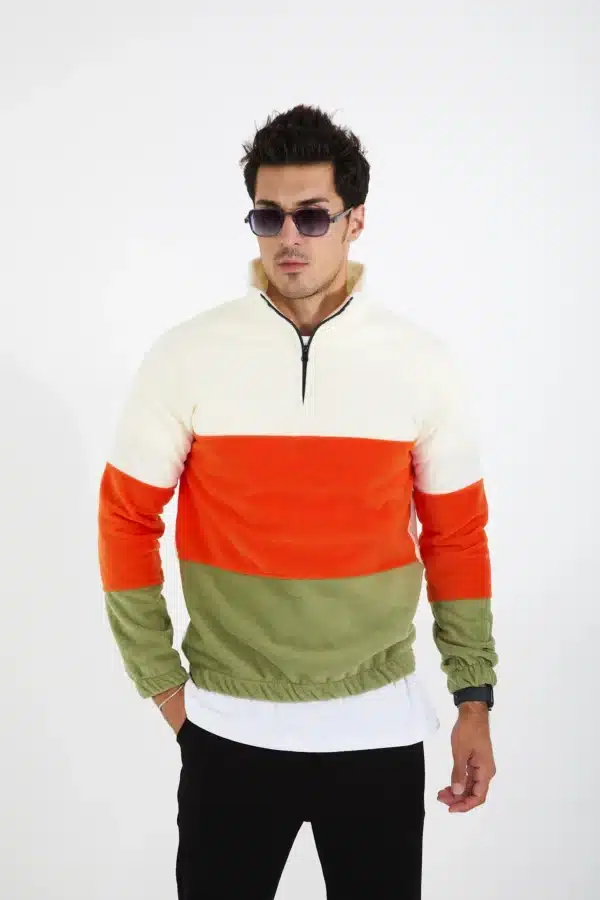 yarım fermuarlı 3 renkli polar sweatshirt ekru/turuncu/haki