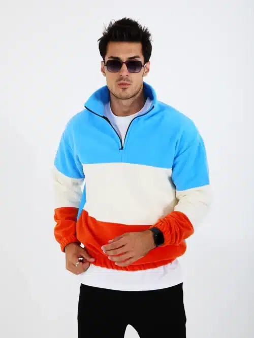 yarım fermuarlı 3 renkli polar sweatshirt turkuaz/ekru/turuncu