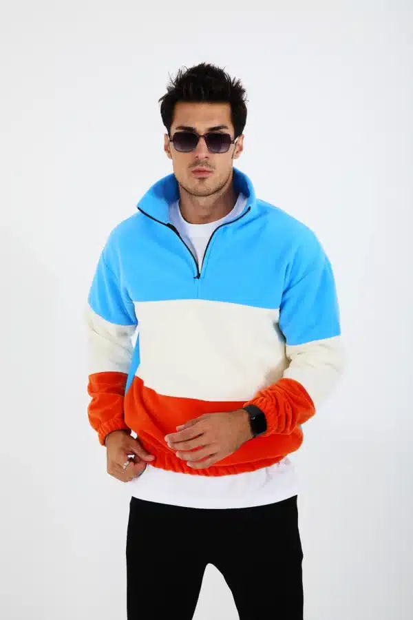 yarım fermuarlı 3 renkli polar sweatshirt turkuaz/ekru/turuncu