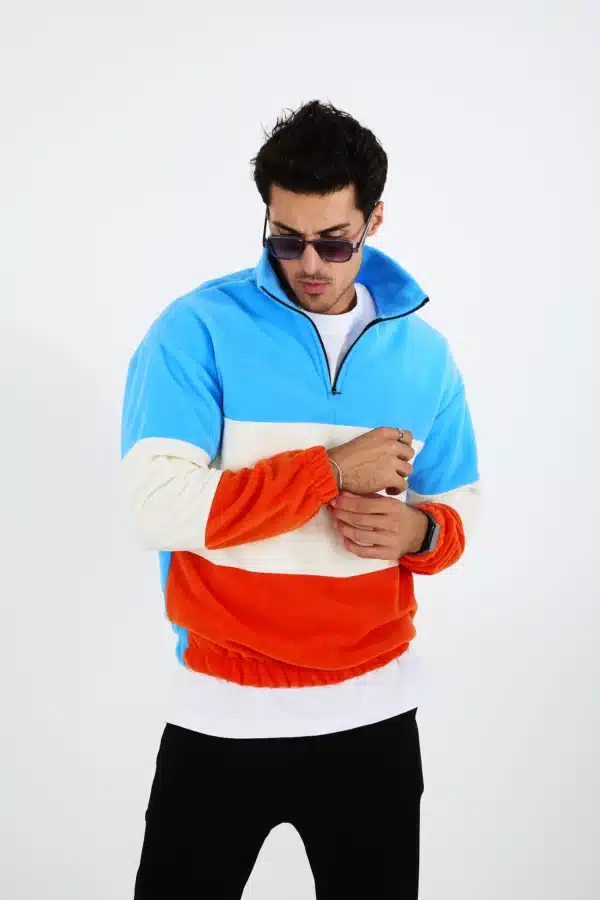 yarım fermuarlı 3 renkli polar sweatshirt turkuaz/ekru/turuncu