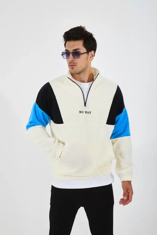 erkek yarım fermuarlı kanguru cep polar sweatshirt ekru