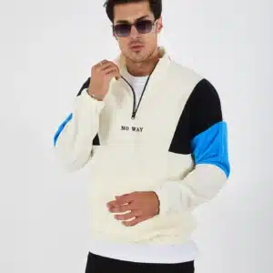 erkek yarım fermuarlı kanguru cep polar sweatshirt ekru