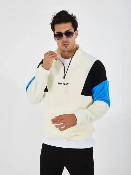 erkek yarım fermuarlı kanguru cep polar sweatshirt ekru