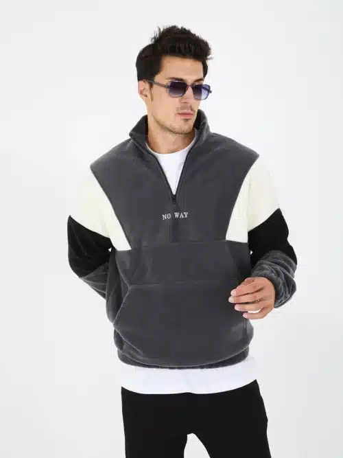 erkek yarım fermuarlı kanguru cep polar sweatshirt füme