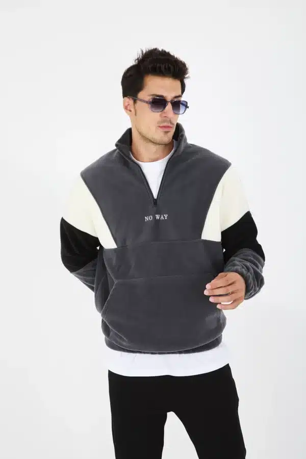 erkek yarım fermuarlı kanguru cep polar sweatshirt füme