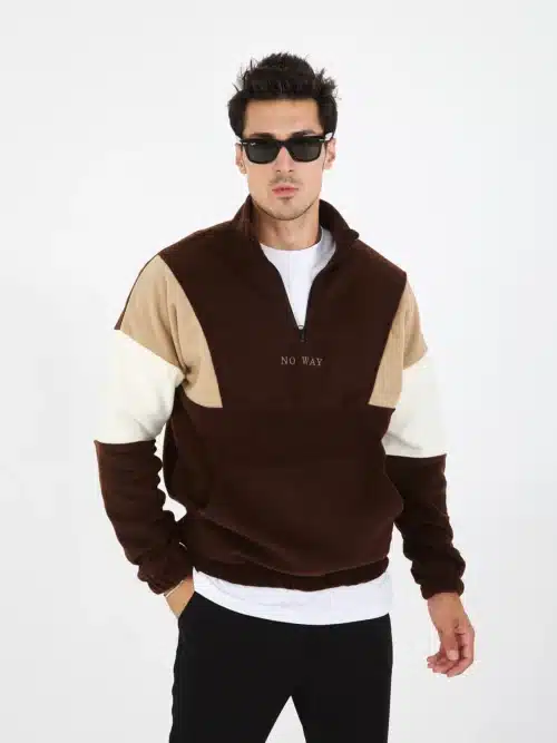 erkek yarım fermuarlı kanguru cep polar sweatshirt kahve