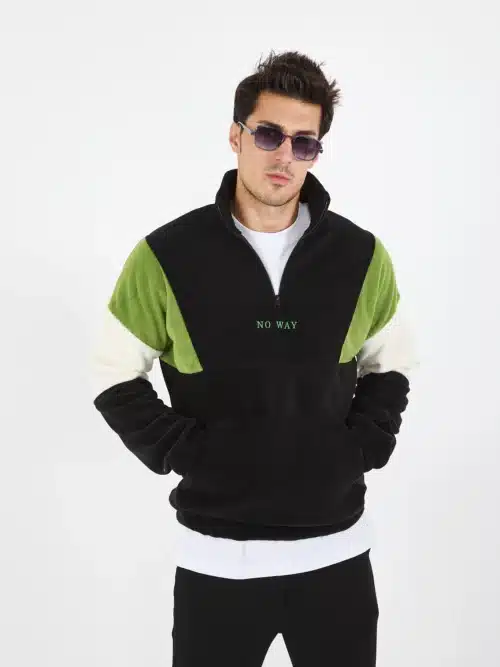 erkek yarım fermuarlı kanguru cep polar sweatshirt siyah