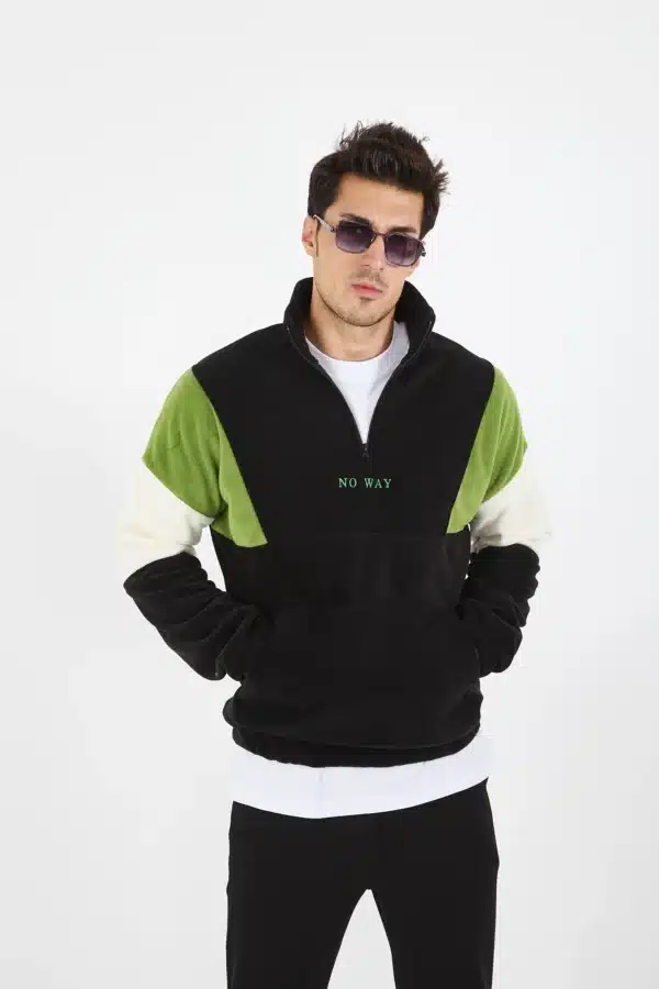 erkek yarım fermuarlı kanguru cep polar sweatshirt siyah