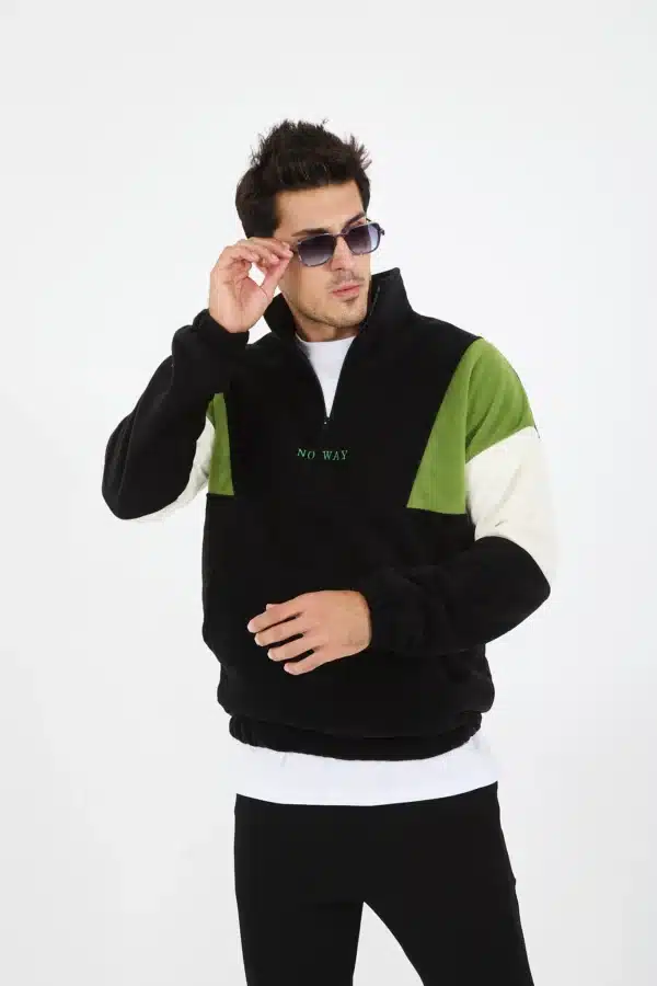 erkek yarım fermuarlı kanguru cep polar sweatshirt siyah