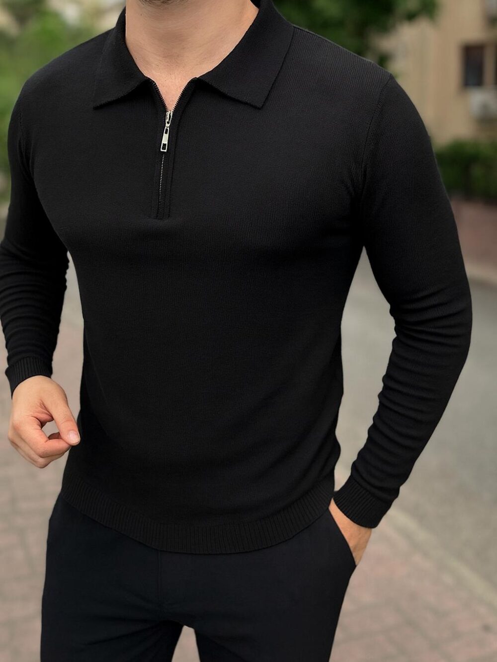 Polo Yaka Fermuarlı İnce Triko Kazak