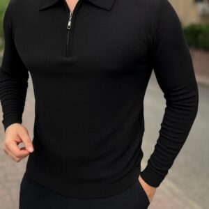 Polo Yaka Fermuarlı İnce Triko Kazak